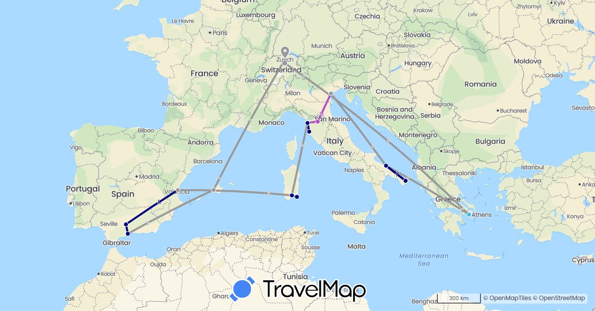 TravelMap itinerary: driving, plane, train, boat in Switzerland, Spain, Greece, Italy (Europe)